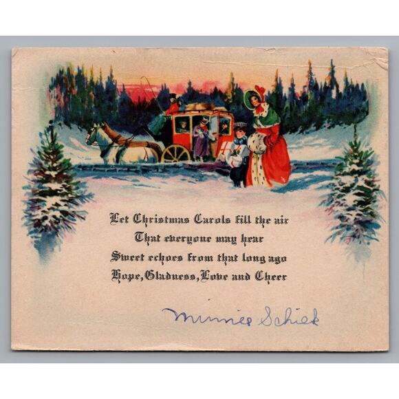 Rural Victorian Winter Christmas Scene Horses Antique Card Hermina Minnie Schlik - Picture 1 of 2
